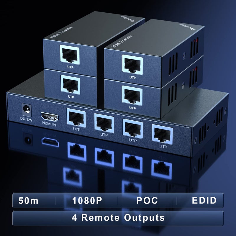PWAYTEK HDMI Extender Splitter 1x4 1080P@60Hz Over Cat 5E/6/7 Ethernet Cable 50m (165ft) Support EDID Copy POC Function (1 in 4 Out) - Image 2